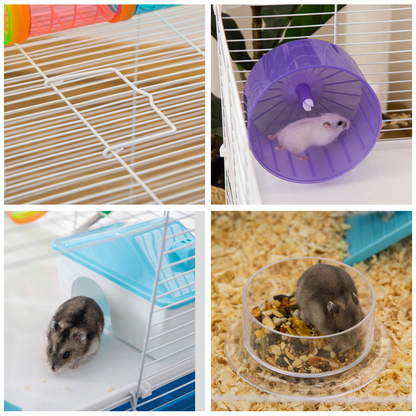 PawHut Hamster Cage with Tubes Tunnel Three-Level Rodent House with Exercise Wheel, Water Bottle, Food Dish, Ramp, Hut 59 x 36 x 47 cm- Blue