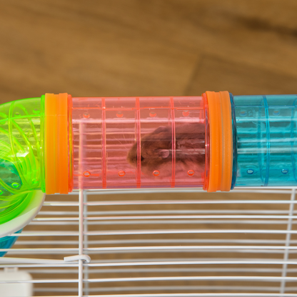 PawHut Hamster Cage with Tubes Tunnel Three-Level Rodent House with Exercise Wheel, Water Bottle, Food Dish, Ramp, Hut 59 x 36 x 47 cm- Blue