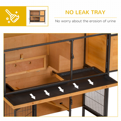 PawHut 2 Tier Wooden Rabbit Hutch Guinea Pig Hutch Bunny Cage Metal Frame Elevated Pet House with Slide-Out Tray Feeding Trough Ramp Lockable Door Openable Roof Light Yellow 122 x 50 x 101cm