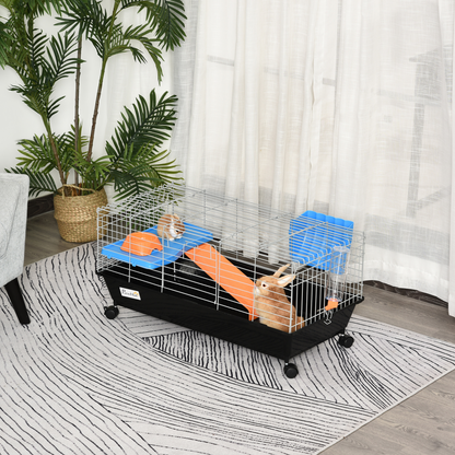 PawHut Small Animal Cage Rabbit Guinea Pigs Chinchillas Cage w/ Wheels Water Bottle Food Dish Platform Ramp 89 x 44 x 43 cm Black