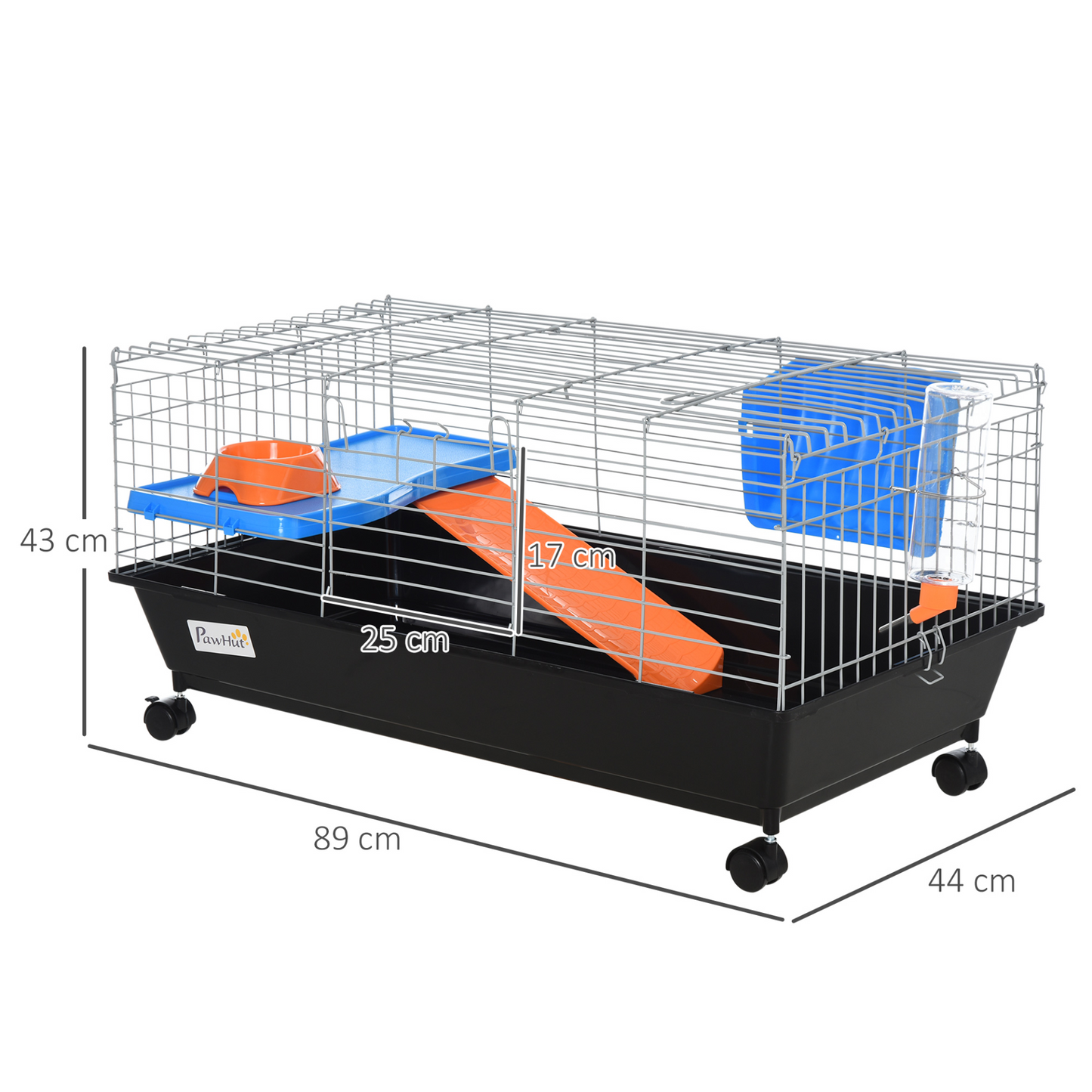 PawHut Small Animal Cage Rabbit Guinea Pigs Chinchillas Cage w/ Wheels Water Bottle Food Dish Platform Ramp 89 x 44 x 43 cm Black