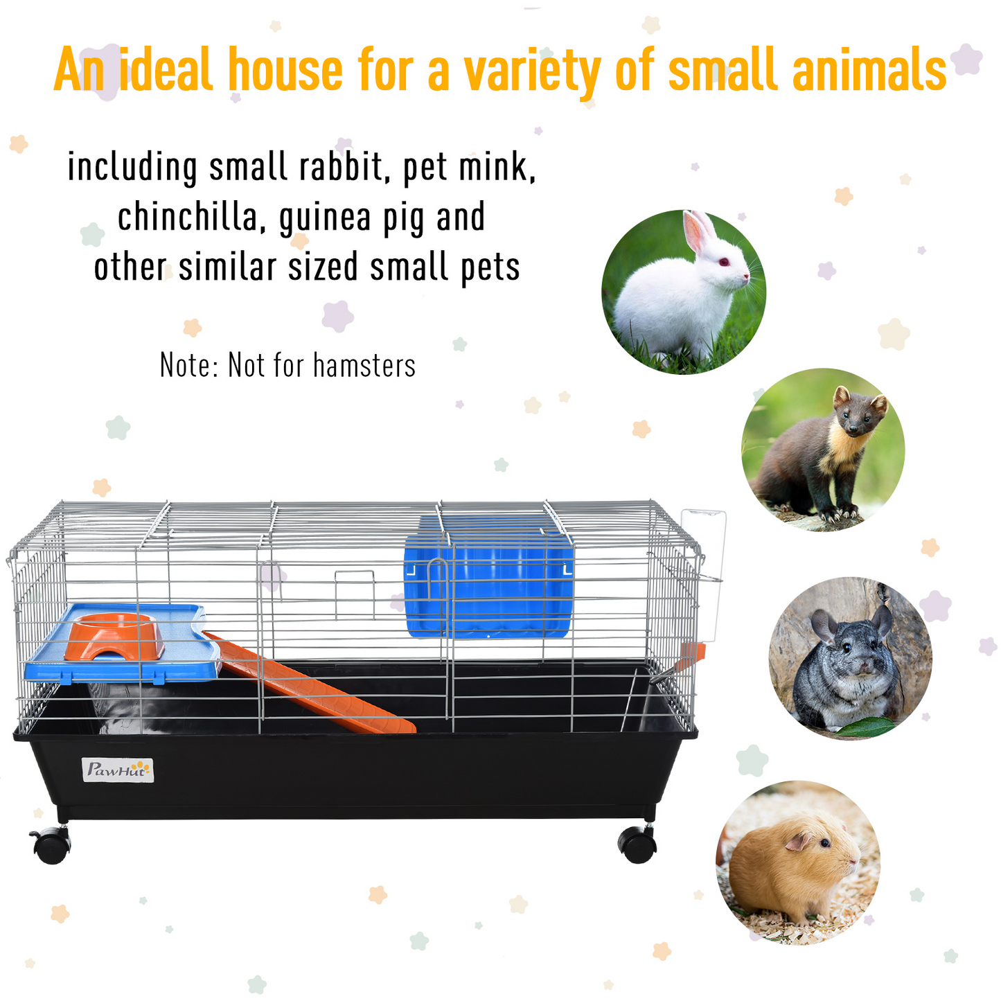 PawHut Small Animal Cage Rabbit Guinea Pigs Chinchillas Cage w/ Wheels Water Bottle Food Dish Platform Ramp 89 x 44 x 43 cm Black