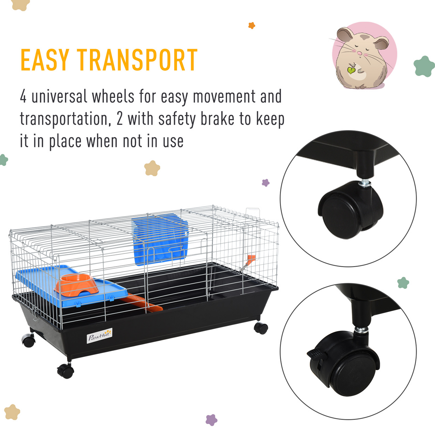 PawHut Small Animal Cage Rabbit Guinea Pigs Chinchillas Cage w/ Wheels Water Bottle Food Dish Platform Ramp 89 x 44 x 43 cm Black