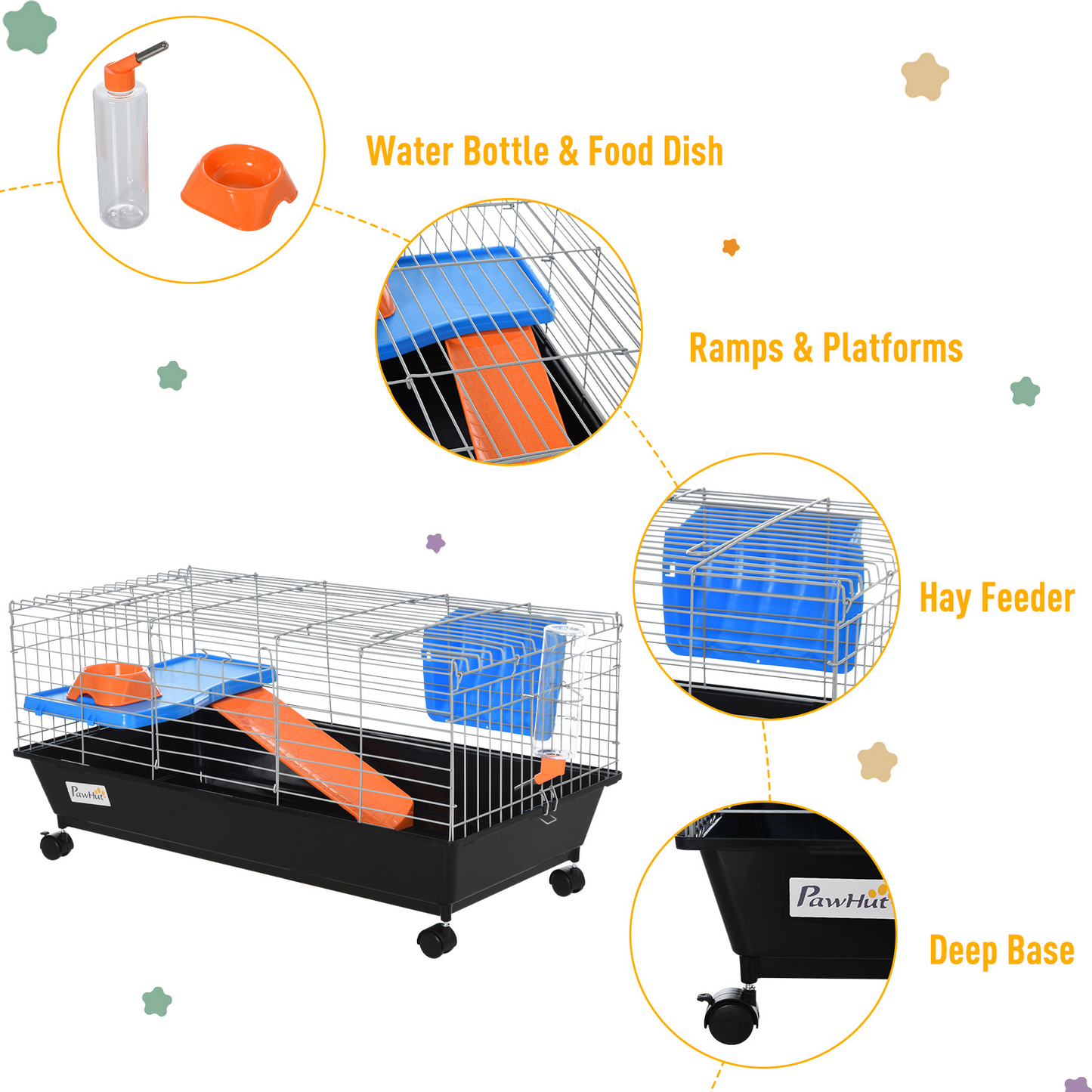 PawHut Small Animal Cage Rabbit Guinea Pigs Chinchillas Cage w/ Wheels Water Bottle Food Dish Platform Ramp 89 x 44 x 43 cm Black