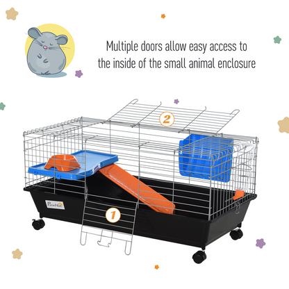 PawHut Small Animal Cage Rabbit Guinea Pigs Chinchillas Cage w/ Wheels Water Bottle Food Dish Platform Ramp 89 x 44 x 43 cm Black