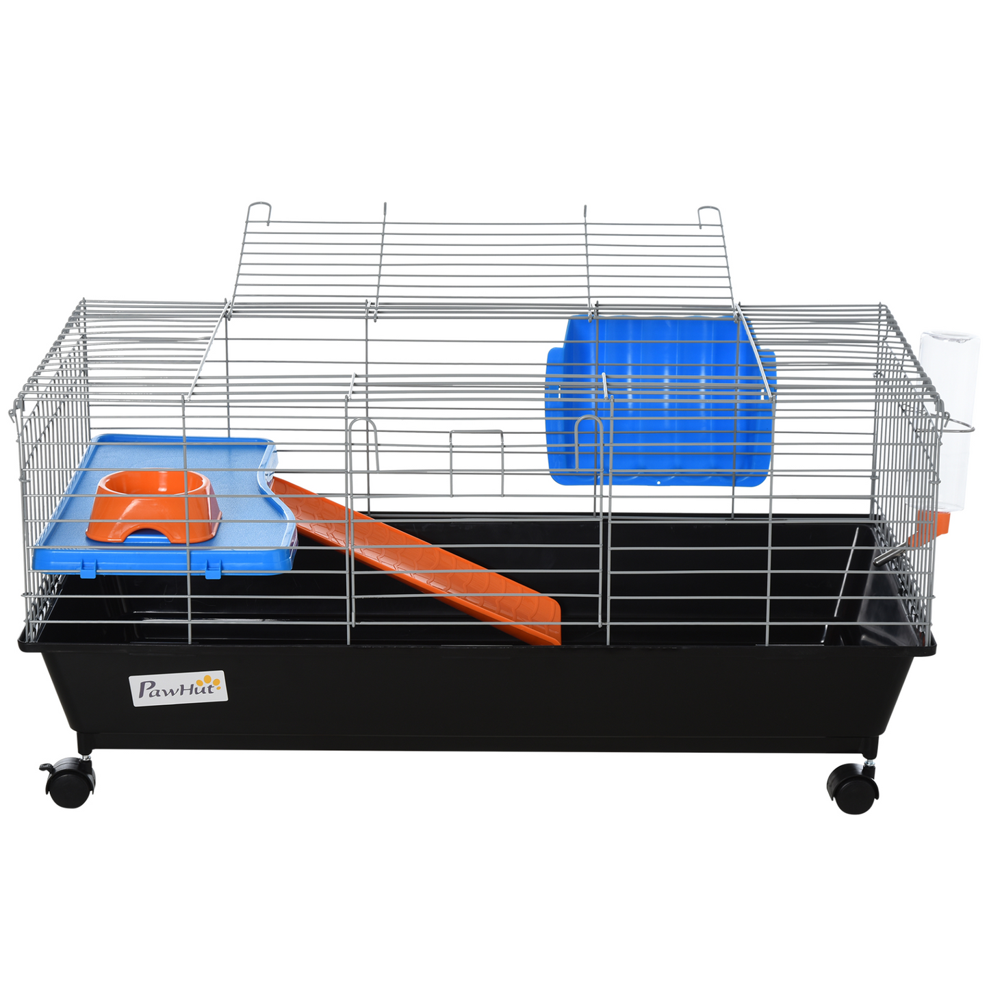 PawHut Small Animal Cage Rabbit Guinea Pigs Chinchillas Cage w/ Wheels Water Bottle Food Dish Platform Ramp 89 x 44 x 43 cm Black