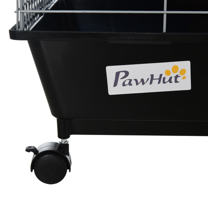 PawHut Small Animal Cage Rabbit Guinea Pigs Chinchillas Cage w/ Wheels Water Bottle Food Dish Platform Ramp 89 x 44 x 43 cm Black