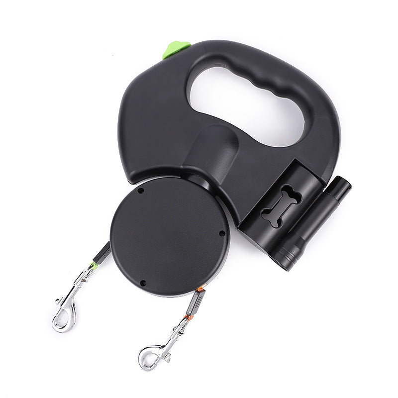 Retractable Reflective Dual Dog Leash with Lights, Torch & Poop Bags