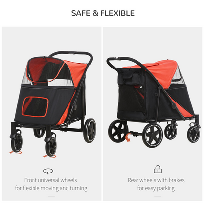 PawHut Pet Stroller w/ Universal Front Wheels, Shock Absorber, One Click Foldable Dog Cat Carriage w/ Brakes, Storage Bags, Mesh Window, Safety Leash, for Large and Medium Dogs - Red