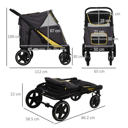 PawHut Pet Stroller w/ Universal Front Wheels, Shock Absorber, One Click Foldable Dog Cat Carriage w/ Brakes, Storage Bags, Mesh Window, Safety Leash, for Large and Medium Dogs - Grey
