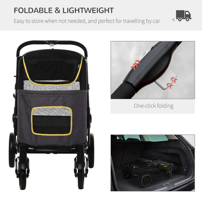 PawHut Pet Stroller w/ Universal Front Wheels, Shock Absorber, One Click Foldable Dog Cat Carriage w/ Brakes, Storage Bags, Mesh Window, Safety Leash, for Large and Medium Dogs - Grey