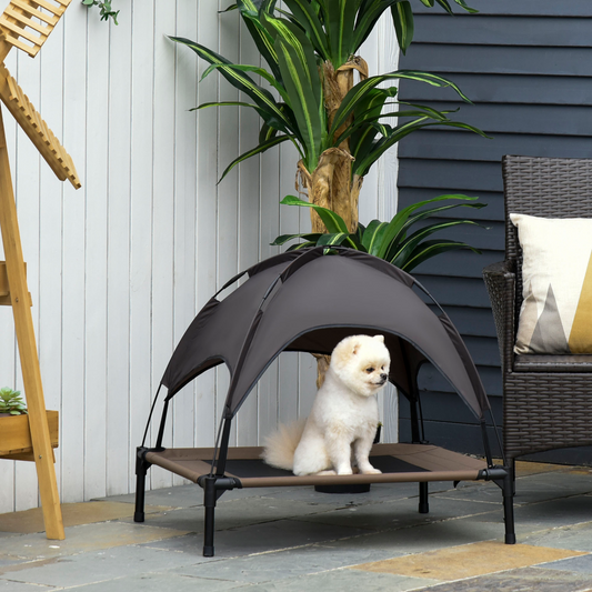 PawHut Raised Dog Bed Waterproof Elevated Pet Cot with Breathable Mesh UV Protection Canopy Coffee, for Small Dogs, 76 x 61 x 73cm