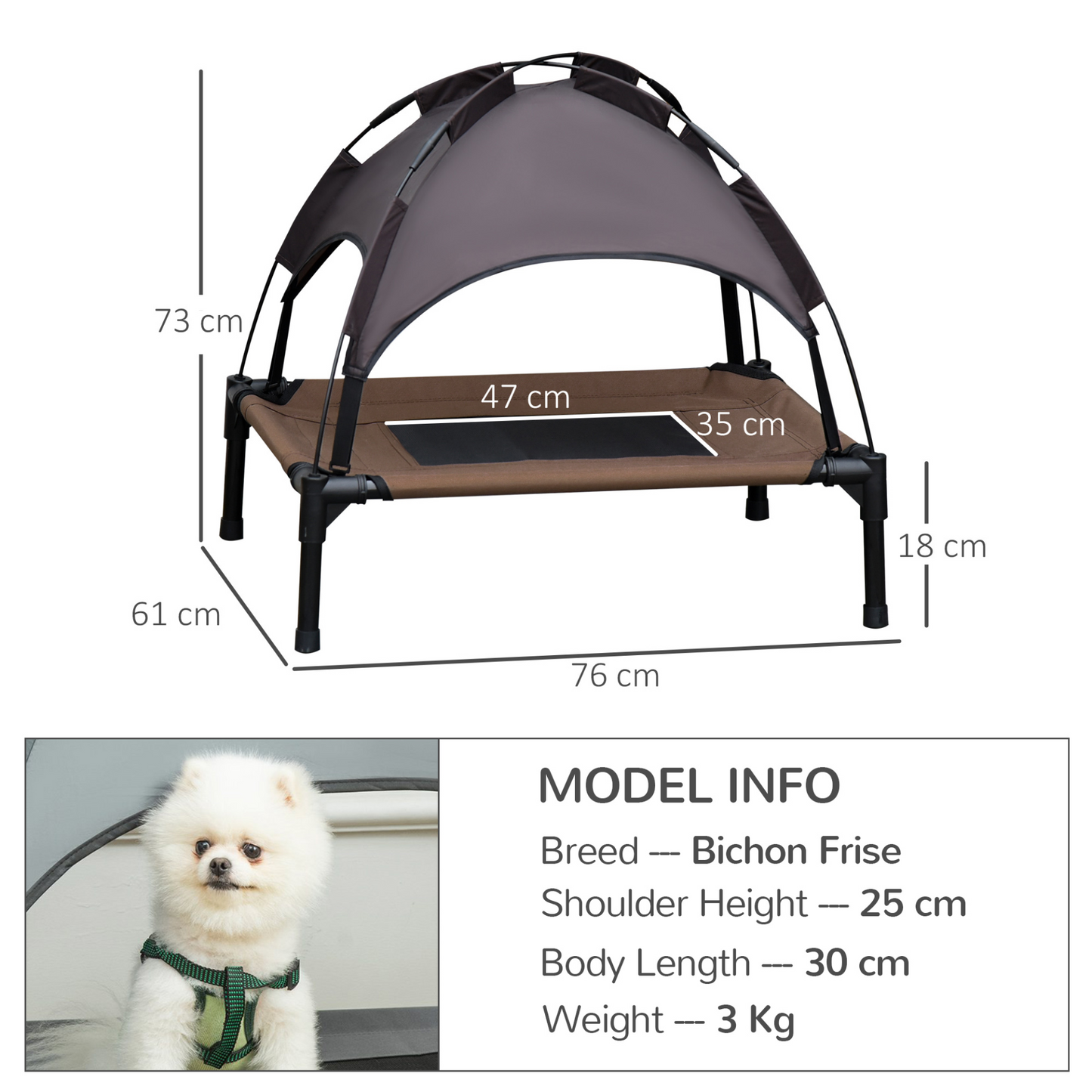 PawHut Raised Dog Bed Waterproof Elevated Pet Cot with Breathable Mesh UV Protection Canopy Coffee, for Small Dogs, 76 x 61 x 73cm