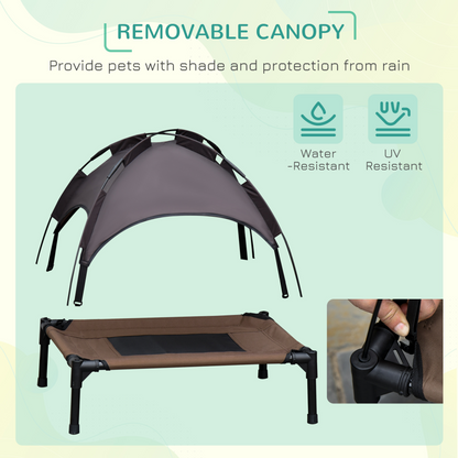 PawHut Raised Dog Bed Waterproof Elevated Pet Cot with Breathable Mesh UV Protection Canopy Coffee, for Small Dogs, 76 x 61 x 73cm