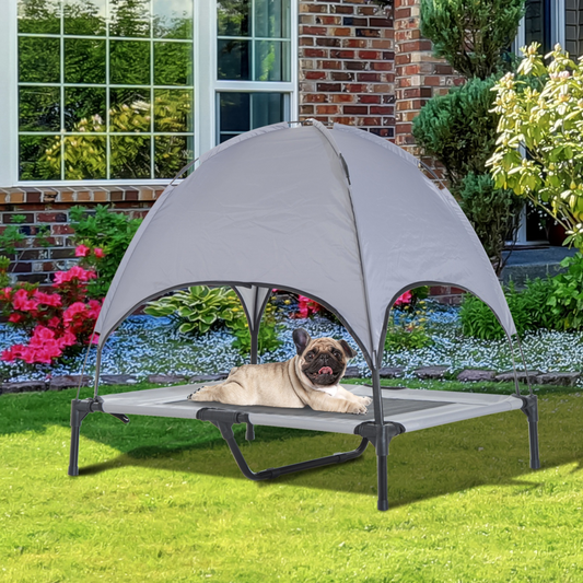 PawHut Raised Dog Bed Waterproof Elevated Pet Cot with Breathable Mesh UV Protection Canopy Grey, for Medium Dogs, 76 x 61 x 73cm