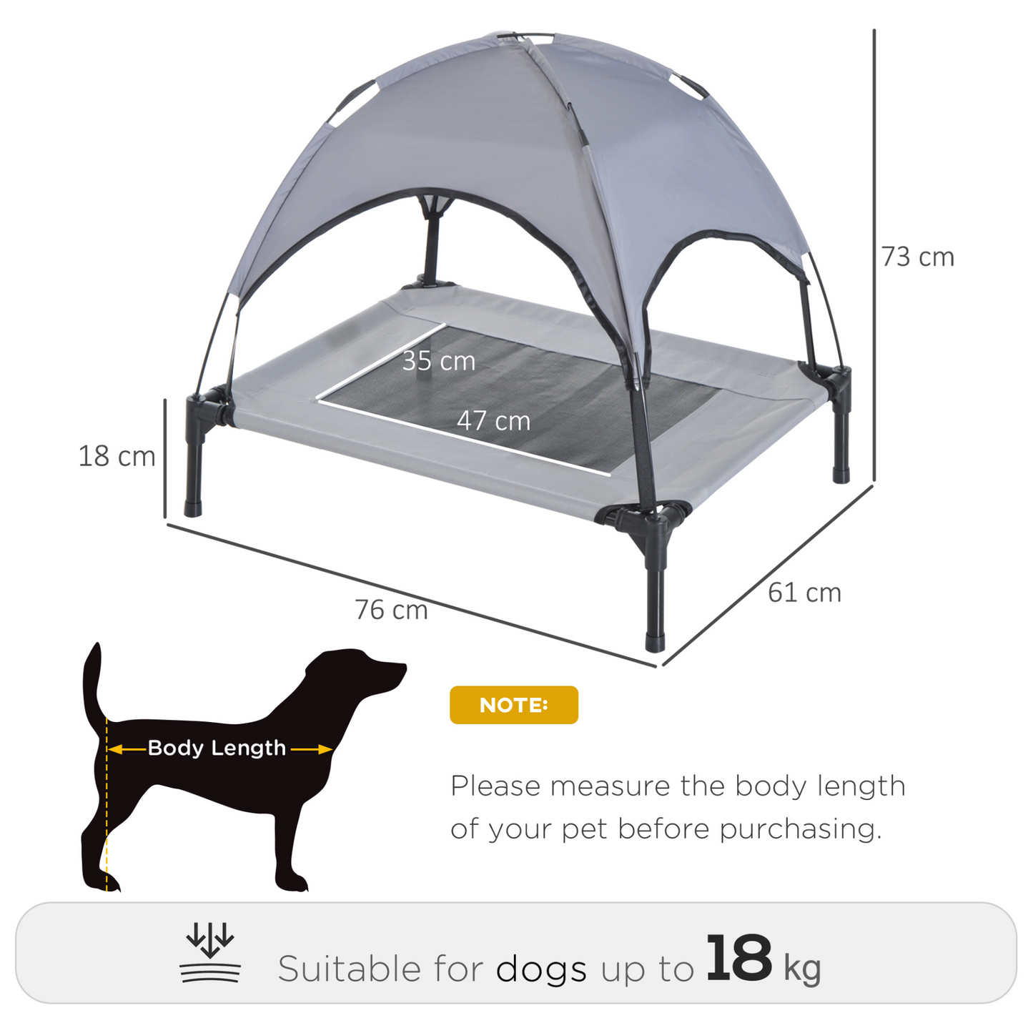 PawHut Raised Dog Bed Waterproof Elevated Pet Cot with Breathable Mesh UV Protection Canopy Grey, for Medium Dogs, 76 x 61 x 73cm