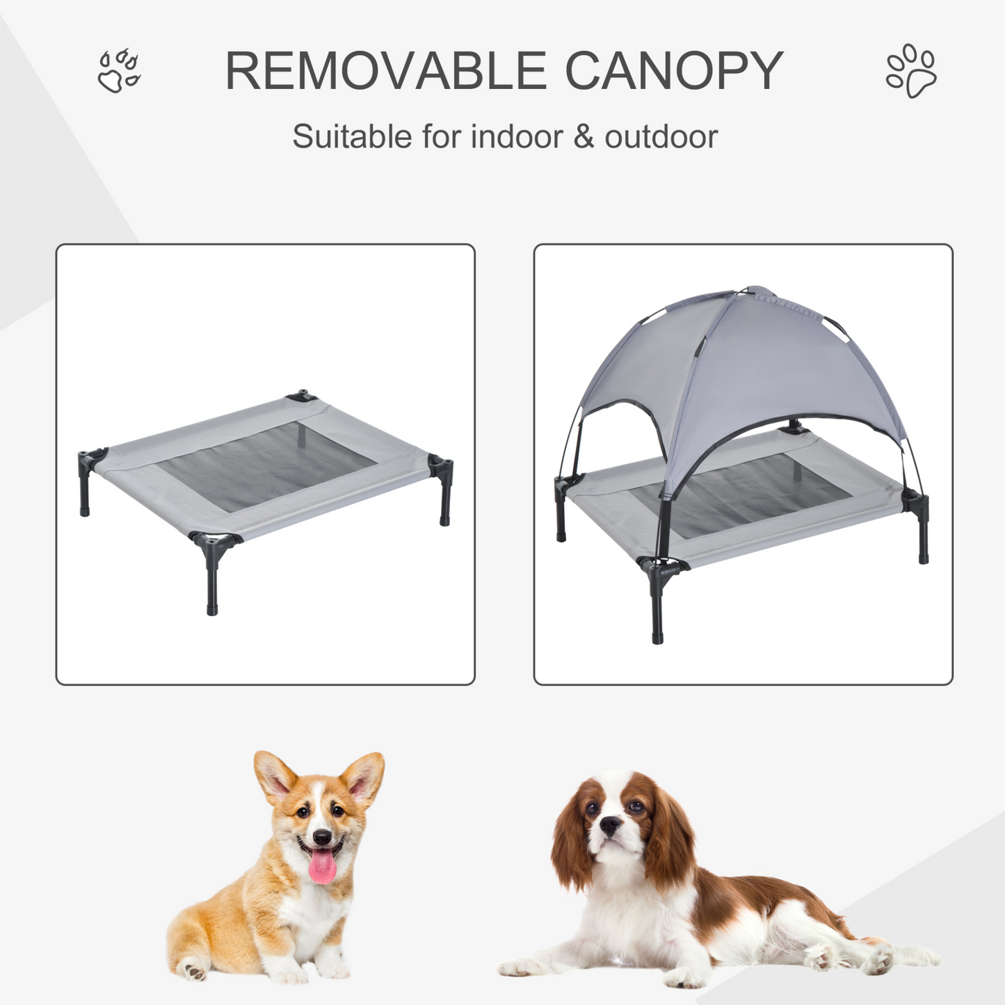 PawHut Raised Dog Bed Waterproof Elevated Pet Cot with Breathable Mesh UV Protection Canopy Grey, for Medium Dogs, 76 x 61 x 73cm
