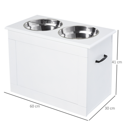 PawHut Raised Dog Bowls Pet Feeding Storage Station with 2 Stainless Steel Bowls Base for Large Dogs and Other Large Pets, White