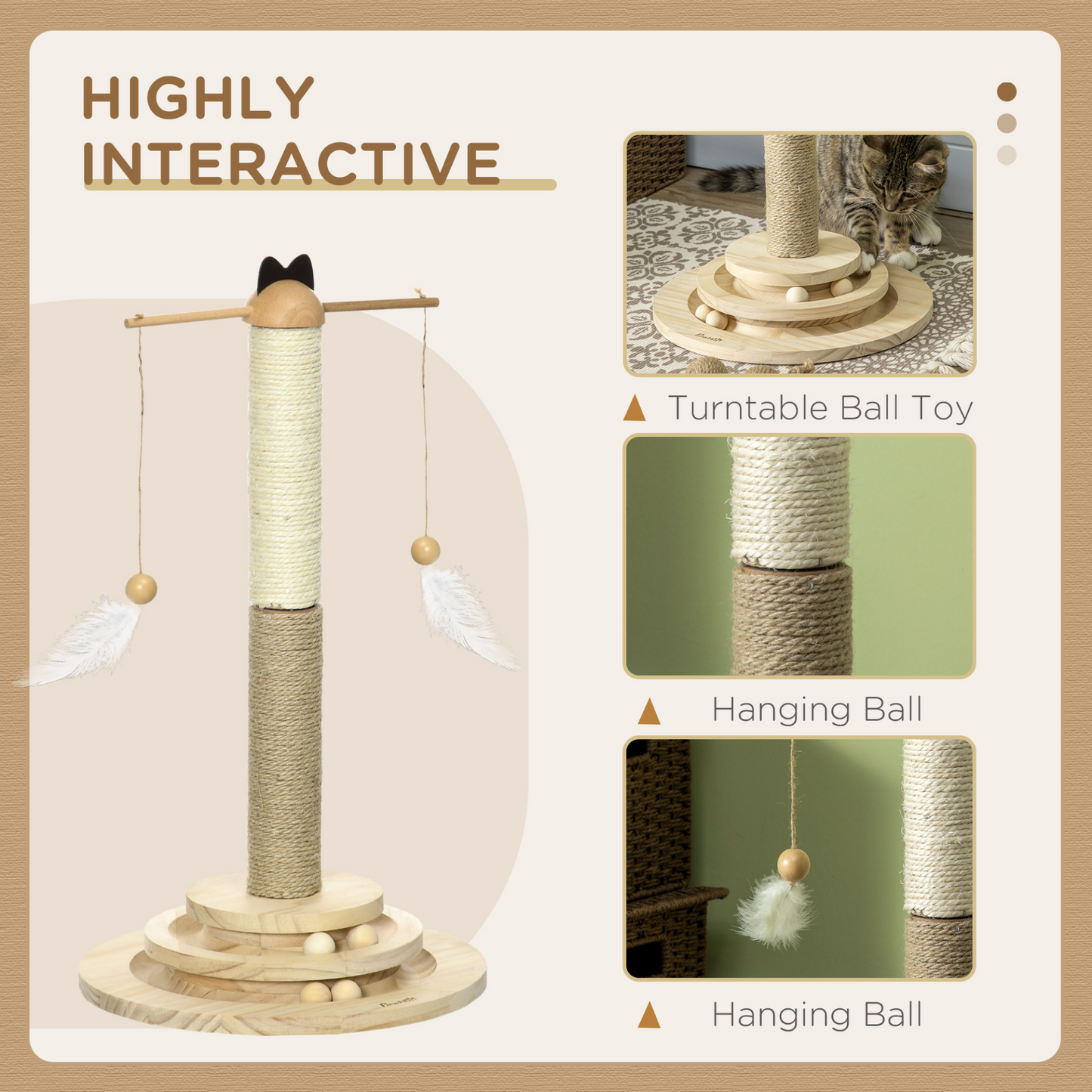 PawHut Cat Tree Kitty Activity Centre Interactive Toy Ball, Cat Tower Scratching Post