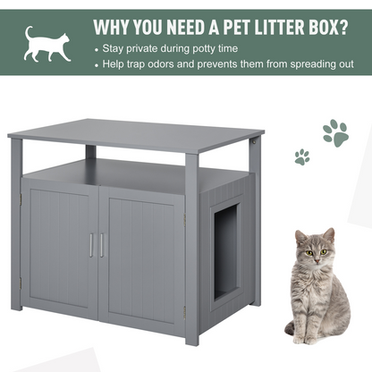 PawHut Wooden Cat Litter Box Enclosure Furniture with Adjustable Interior Wall & Large Tabletop for Nightstand, Grey