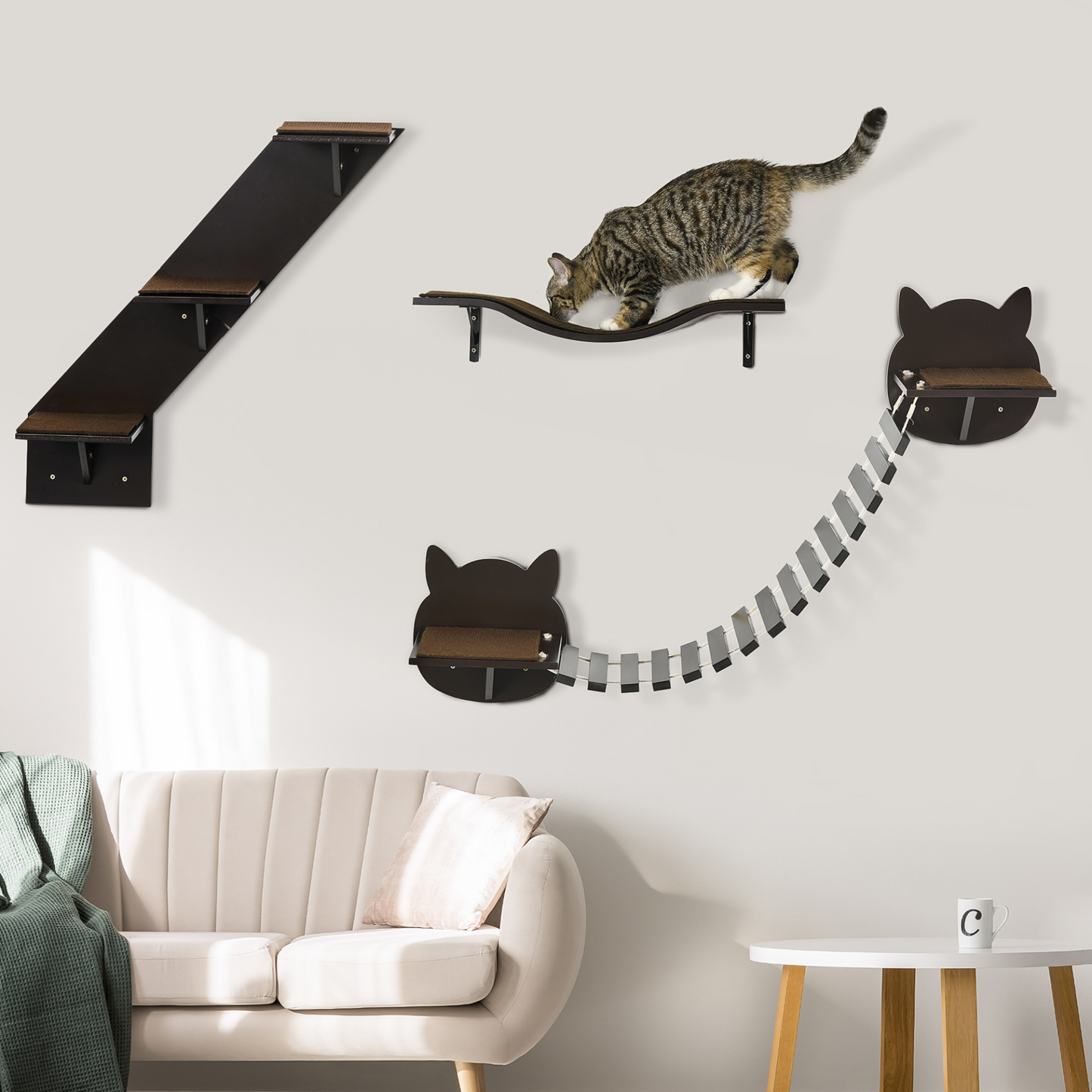 PawHut 3 PCs Wall Mounted Cat Tree Cat Shelves Climbing Shelf Set, Kitten Activity Centre w/ Jumping Platforms, Ladders - Brown