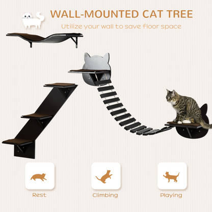 PawHut 3 PCs Wall Mounted Cat Tree Cat Shelves Climbing Shelf Set, Kitten Activity Centre w/ Jumping Platforms, Ladders - Brown