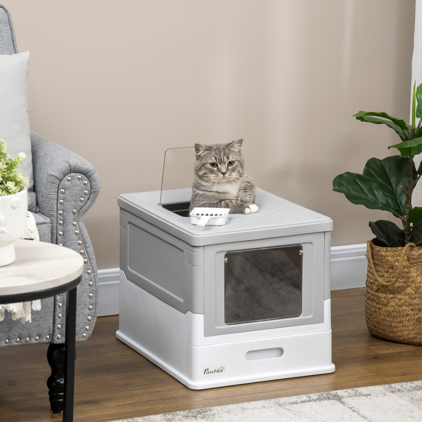 PawHut Hooded Cat Litter Box, Portable Pet Toilet w/ Tray, Scoop, Front Entry, 47.5 x 35.5 x 36.7cm - Grey