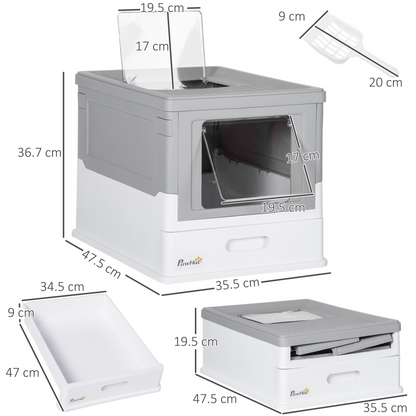 PawHut Hooded Cat Litter Box, Portable Pet Toilet w/ Tray, Scoop, Front Entry, 47.5 x 35.5 x 36.7cm - Grey