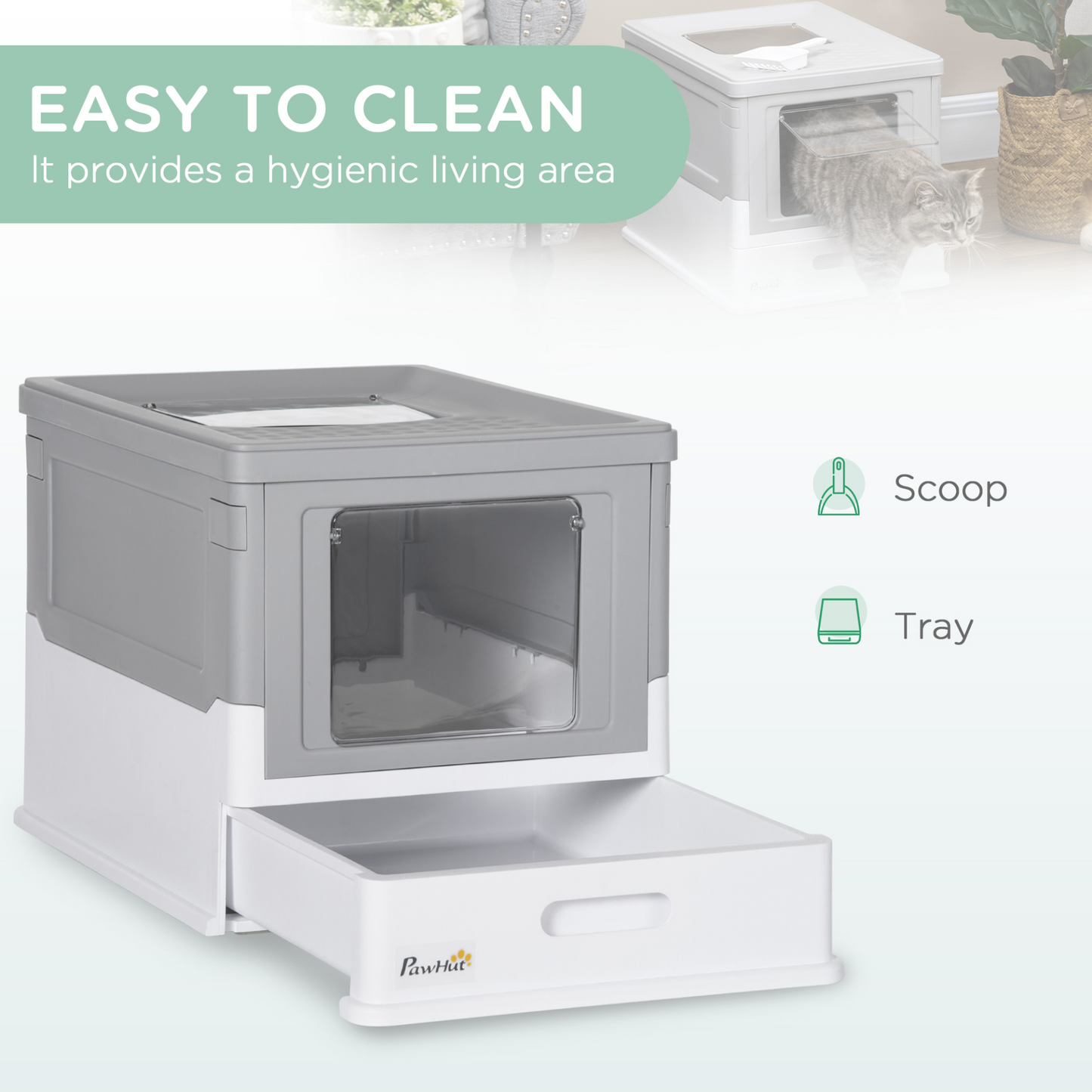 PawHut Hooded Cat Litter Box, Portable Pet Toilet w/ Tray, Scoop, Front Entry, 47.5 x 35.5 x 36.7cm - Grey