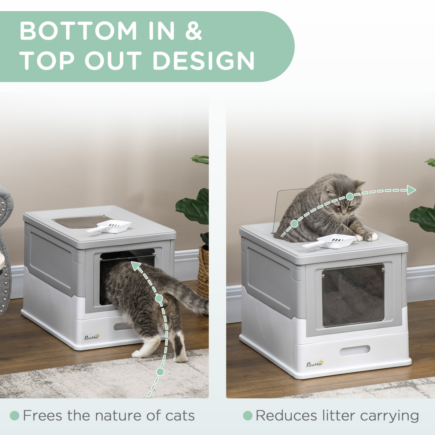 PawHut Hooded Cat Litter Box, Portable Pet Toilet w/ Tray, Scoop, Front Entry, 47.5 x 35.5 x 36.7cm - Grey