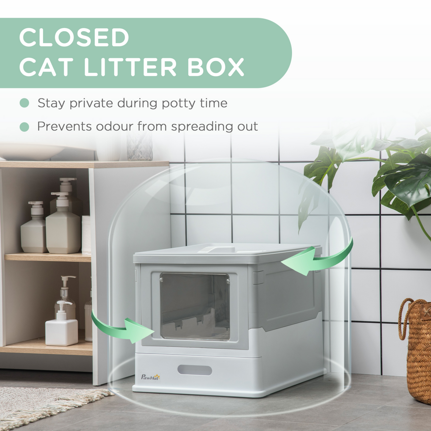PawHut Hooded Cat Litter Box, Portable Pet Toilet w/ Tray, Scoop, Front Entry, 47.5 x 35.5 x 36.7cm - Grey