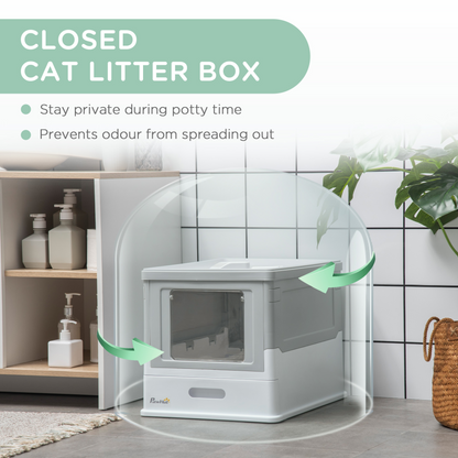 PawHut Hooded Cat Litter Box, Portable Pet Toilet w/ Tray, Scoop, Front Entry, 47.5 x 35.5 x 36.7cm - Grey