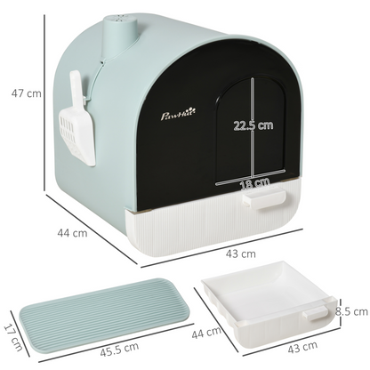 PawHut Cat Litter Box Kitten Litter Tray with Hood Scoop Filter Flap Door, 43x44x47 cm, Green