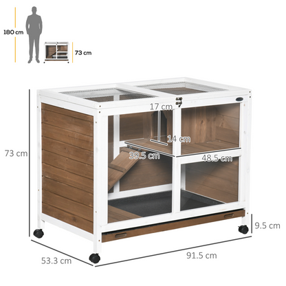 PawHut Wooden Rabbit Hutch Guinea Pigs House Bunny Small Animal Cage w/ Pull-out Tray Openable Roof Wheels 91.5 x 53.3 x 73 cm, Brown