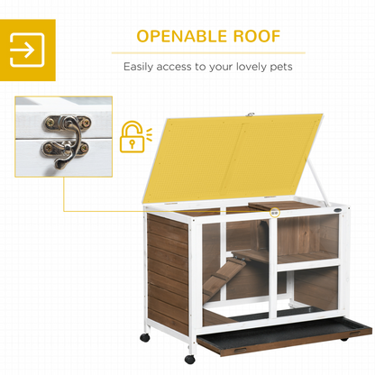 PawHut Wooden Rabbit Hutch Guinea Pigs House Bunny Small Animal Cage w/ Pull-out Tray Openable Roof Wheels 91.5 x 53.3 x 73 cm, Brown