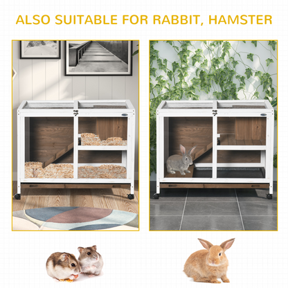 PawHut Wooden Rabbit Hutch Guinea Pigs House Bunny Small Animal Cage w/ Pull-out Tray Openable Roof Wheels 91.5 x 53.3 x 73 cm, Brown