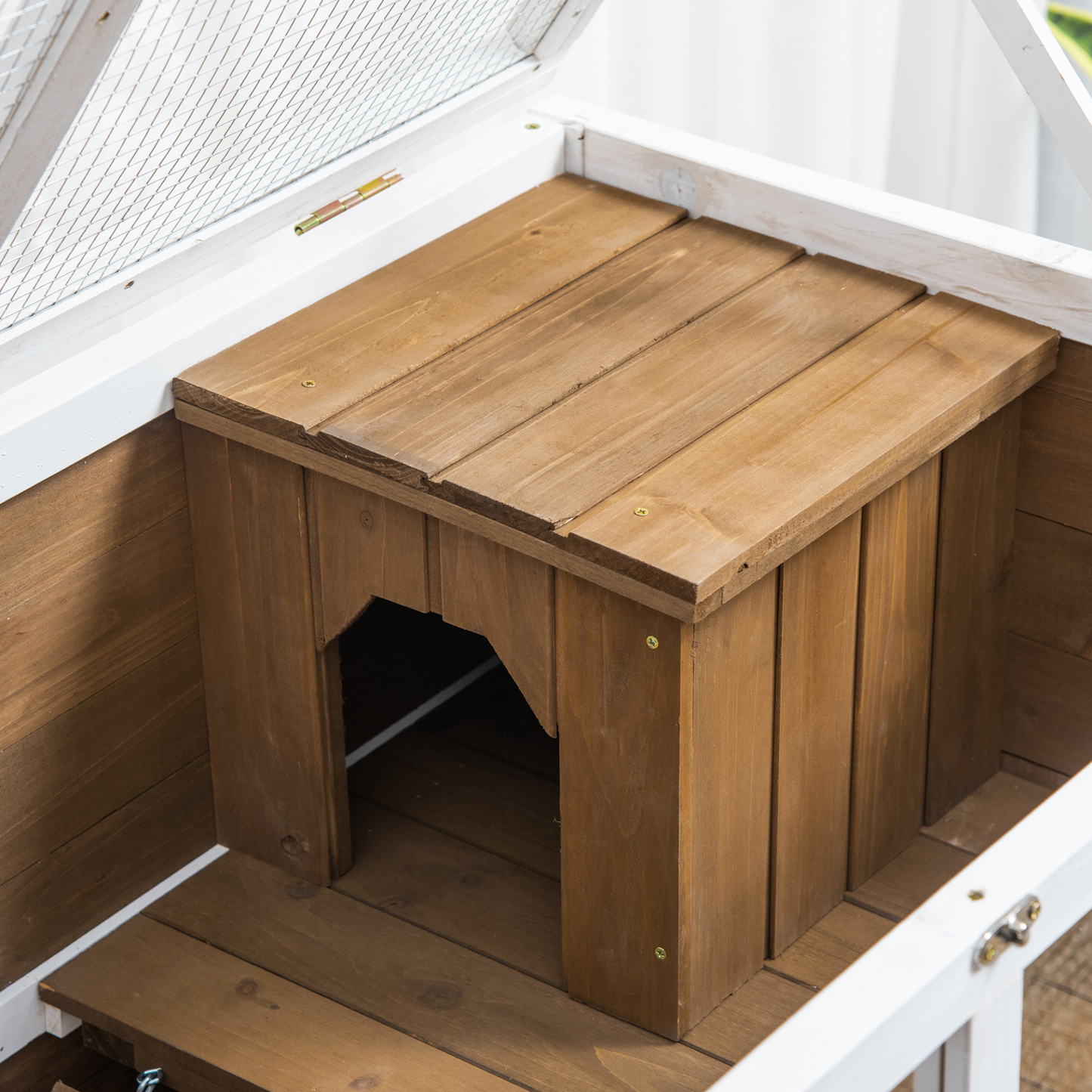 PawHut Wooden Rabbit Hutch Guinea Pigs House Bunny Small Animal Cage w/ Pull-out Tray Openable Roof Wheels 91.5 x 53.3 x 73 cm, Brown