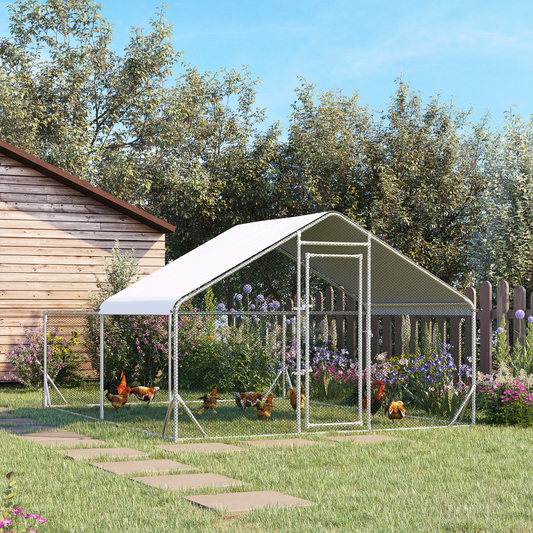 PawHut Walk In Chicken Run, Galvanised Chicken Coop, Outdoor Hen House Poultry, Duck Rabbit Hutch, for Backyard w/ Roof, 4 x 3 x 2m