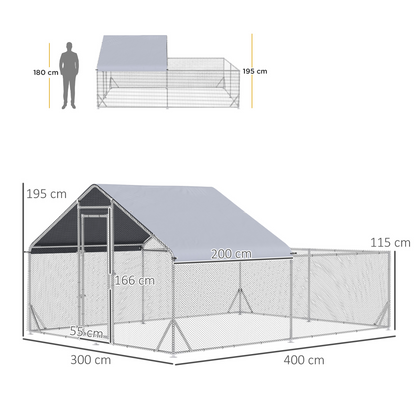 PawHut Walk In Chicken Run, Galvanised Chicken Coop, Outdoor Hen House Poultry, Duck Rabbit Hutch, for Backyard w/ Roof, 4 x 3 x 2m