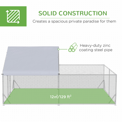 PawHut Walk In Chicken Run, Galvanised Chicken Coop, Outdoor Hen House Poultry, Duck Rabbit Hutch, for Backyard w/ Roof, 4 x 3 x 2m