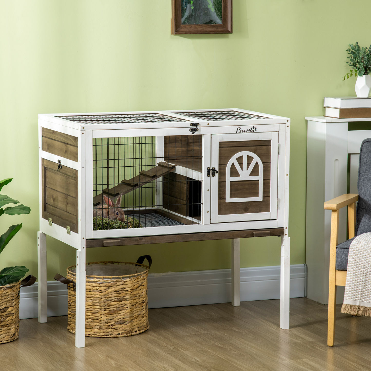 PawHut Wooden Rabbit Hutch, Elevated Guinea Pig Cage w/ Openable Roof, Ladder, Removable Tray, 90 x 53 x 87cm - Brown