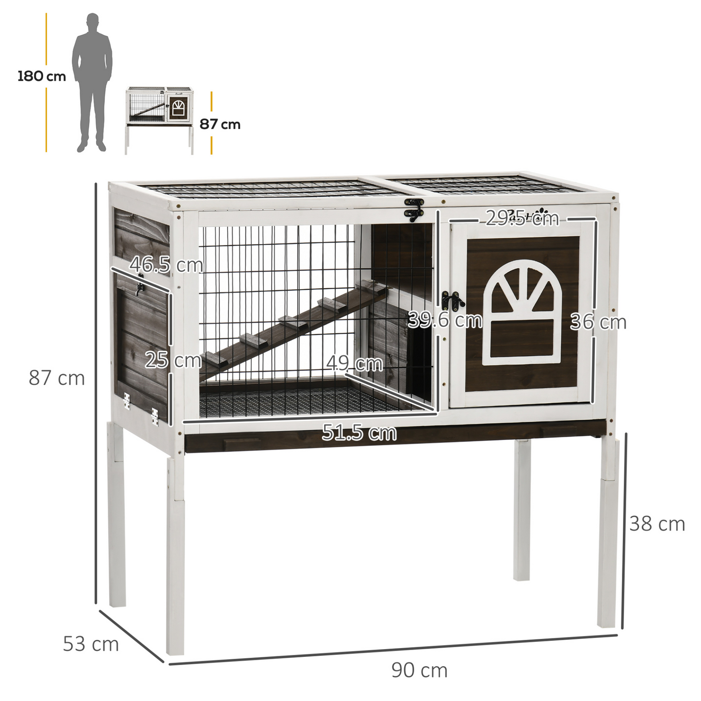 PawHut Wooden Rabbit Hutch, Elevated Guinea Pig Cage w/ Openable Roof, Ladder, Removable Tray, 90 x 53 x 87cm - Brown