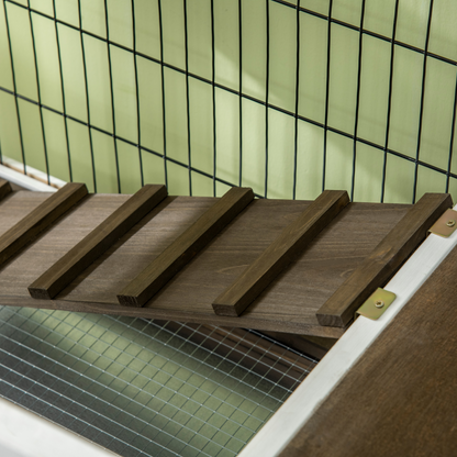 PawHut Wooden Rabbit Hutch, Elevated Guinea Pig Cage w/ Openable Roof, Ladder, Removable Tray, 90 x 53 x 87cm - Brown