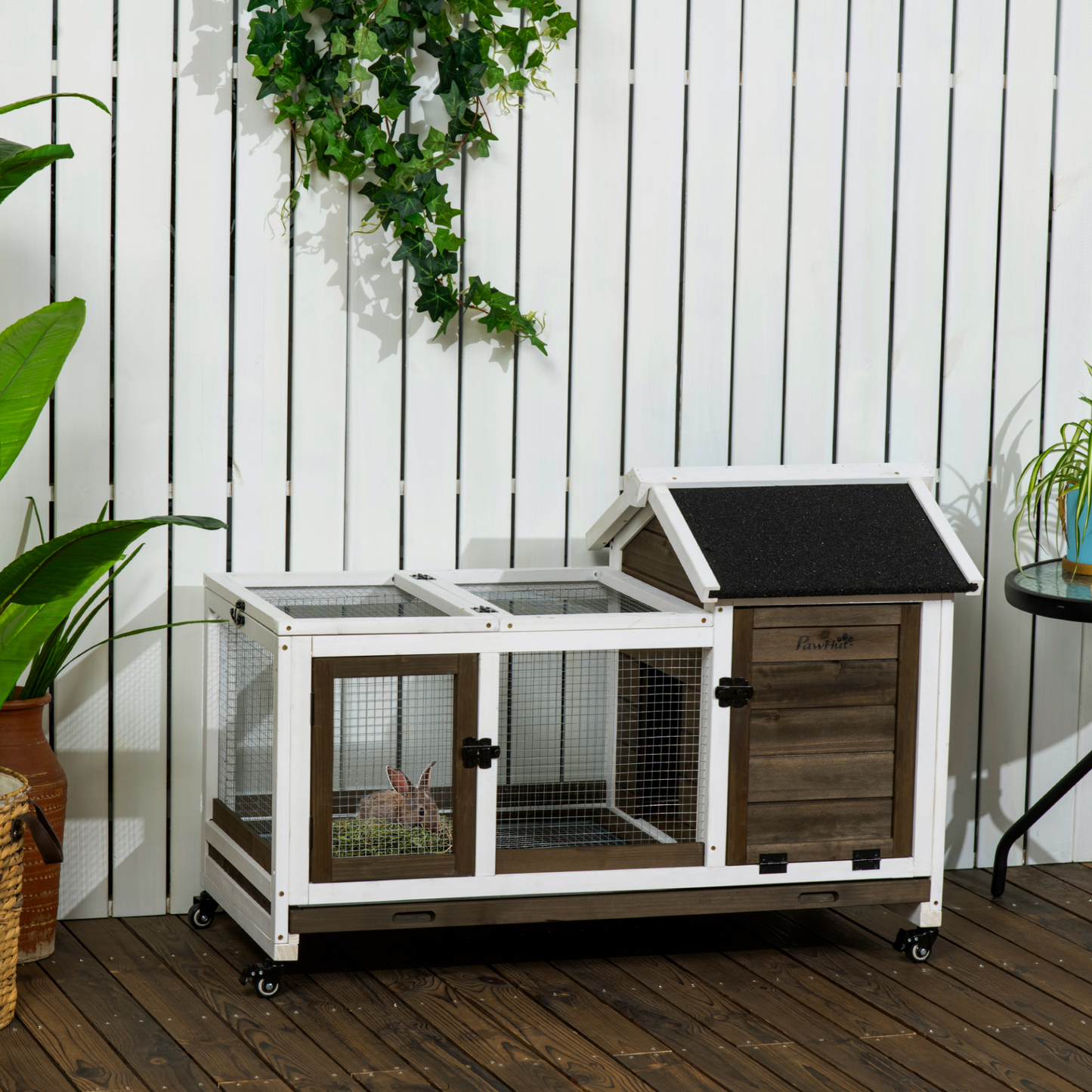 PawHut Wooden Rabbit Hutch with Wheels, Guinea Pig Cage, Small Animal House for Outdoor & Indoor with Slide-out Tray, 108 x 58 x 73.5cm, Brown