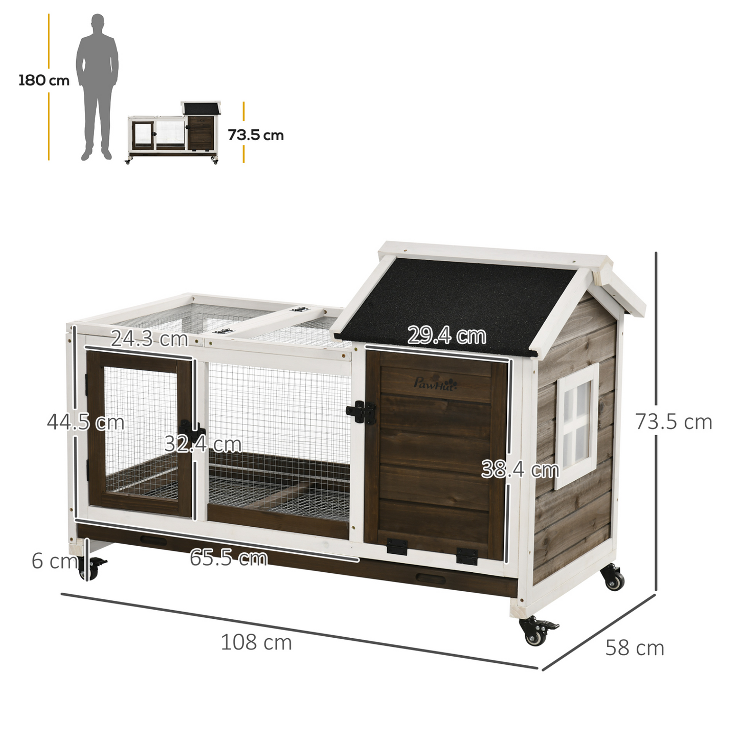 PawHut Wooden Rabbit Hutch with Wheels, Guinea Pig Cage, Small Animal House for Outdoor & Indoor with Slide-out Tray, 108 x 58 x 73.5cm, Brown