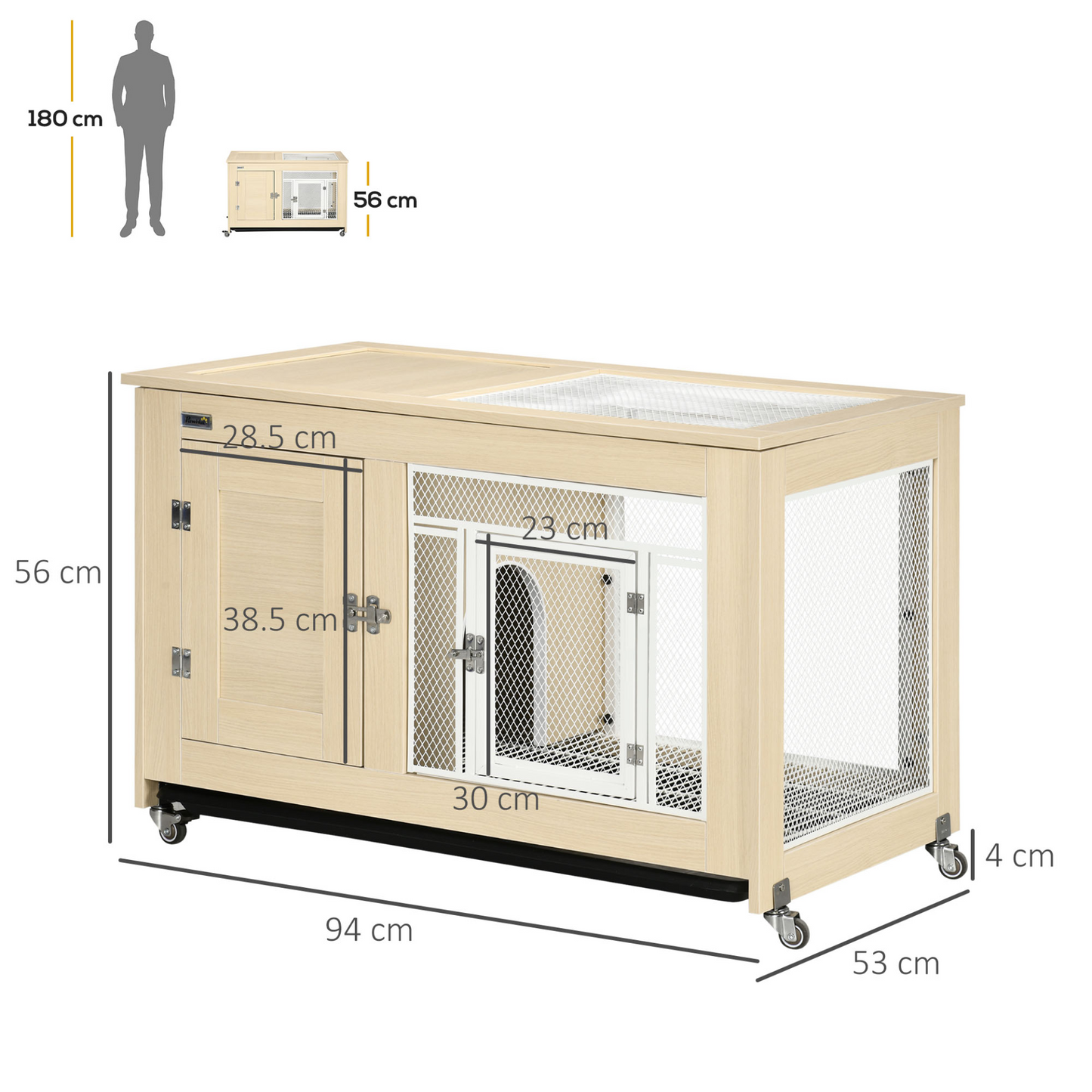 PawHut Rabbit Hutch with Wheels, Guinea Pig Cage with Openable Roof, Bunny Run with Slide-Out Tray, Small Animal House for Indoors, 94 x 53 x 56cm - Oak Tone