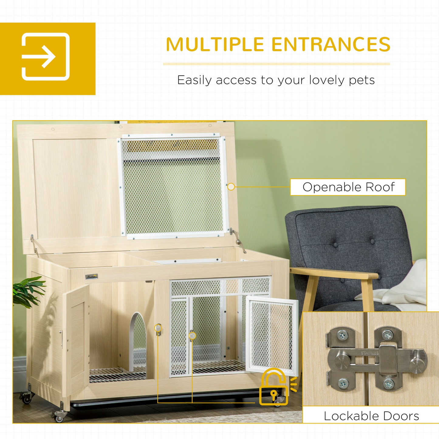PawHut Rabbit Hutch with Wheels, Guinea Pig Cage with Openable Roof, Bunny Run with Slide-Out Tray, Small Animal House for Indoors, 94 x 53 x 56cm - Oak Tone