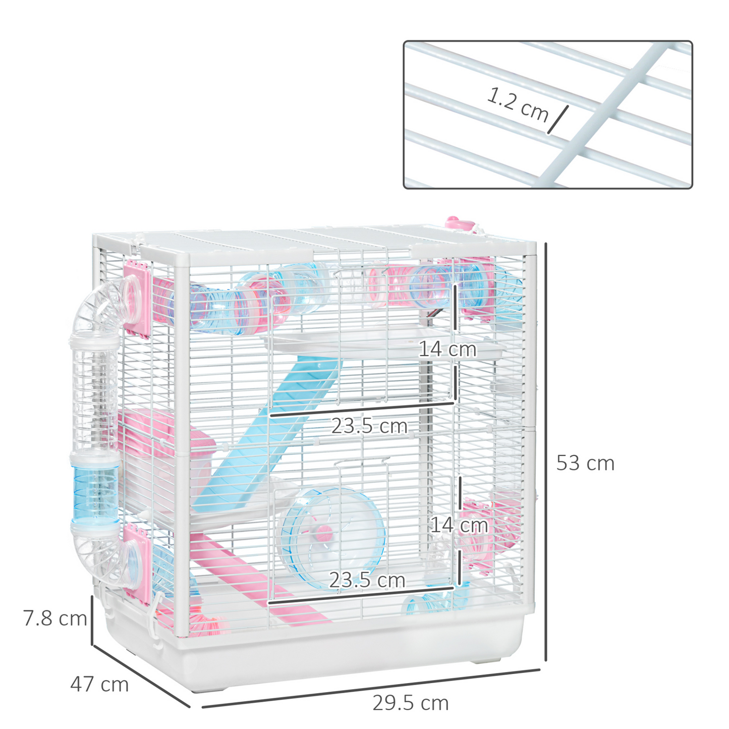 PawHut Hamster Cage, Gerbilarium Cage w/ Tunnel Tubes, Detachable Bottom, Ramps, Jumping Platforms, Hut, Exercise Wheel, Water Bottle, Food Bowl, for Small Rodents, 47 x 29.5 x 53cm