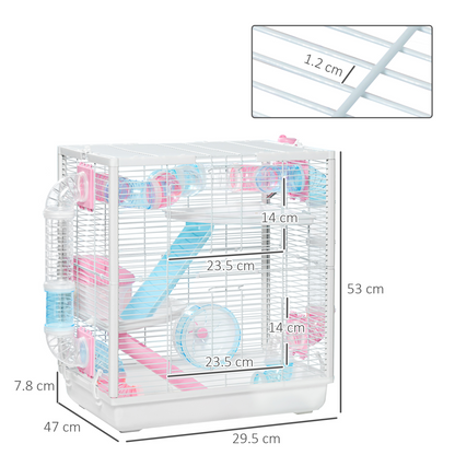PawHut Hamster Cage, Gerbilarium Cage w/ Tunnel Tubes, Detachable Bottom, Ramps, Jumping Platforms, Hut, Exercise Wheel, Water Bottle, Food Bowl, for Small Rodents, 47 x 29.5 x 53cm