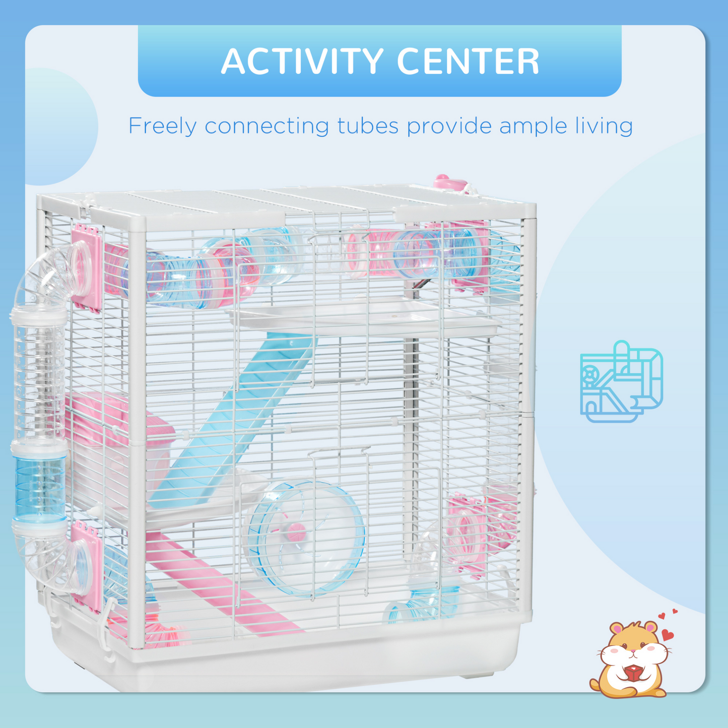 PawHut Hamster Cage, Gerbilarium Cage w/ Tunnel Tubes, Detachable Bottom, Ramps, Jumping Platforms, Hut, Exercise Wheel, Water Bottle, Food Bowl, for Small Rodents, 47 x 29.5 x 53cm